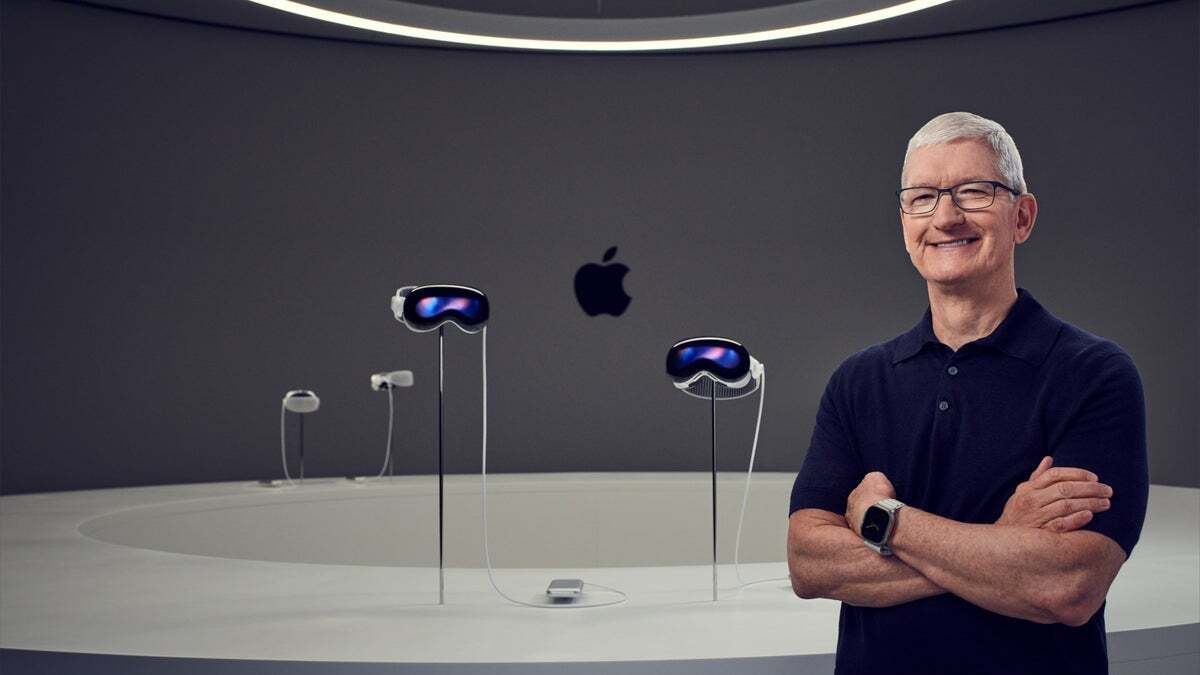 Apple CEO Tim Cook posing in front of Vision Pro headsets; note their external batteries - A light-hearted look at my "favorite" Apple design fails (Vision Pro is in here too)