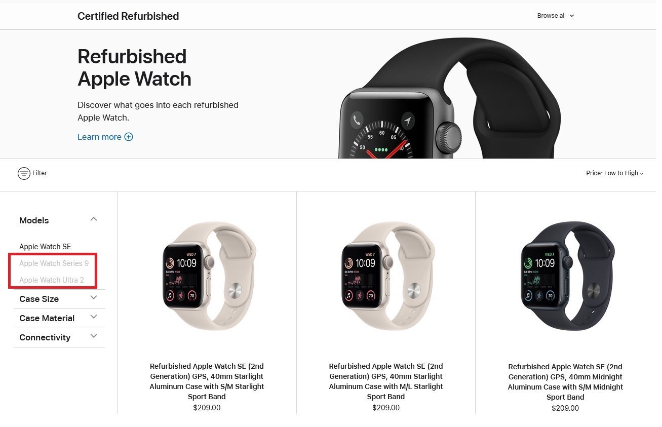 Les noms grisés des Apple Watch Series 9 et Ultra 2 indiquent que des versions reconditionnées de ces modèles arriveront aux États-Unis - Les modèles Apple Watch Series 9 et Apple Watch Ultra 2 remis à neuf seront bientôt vendus aux États-Unis