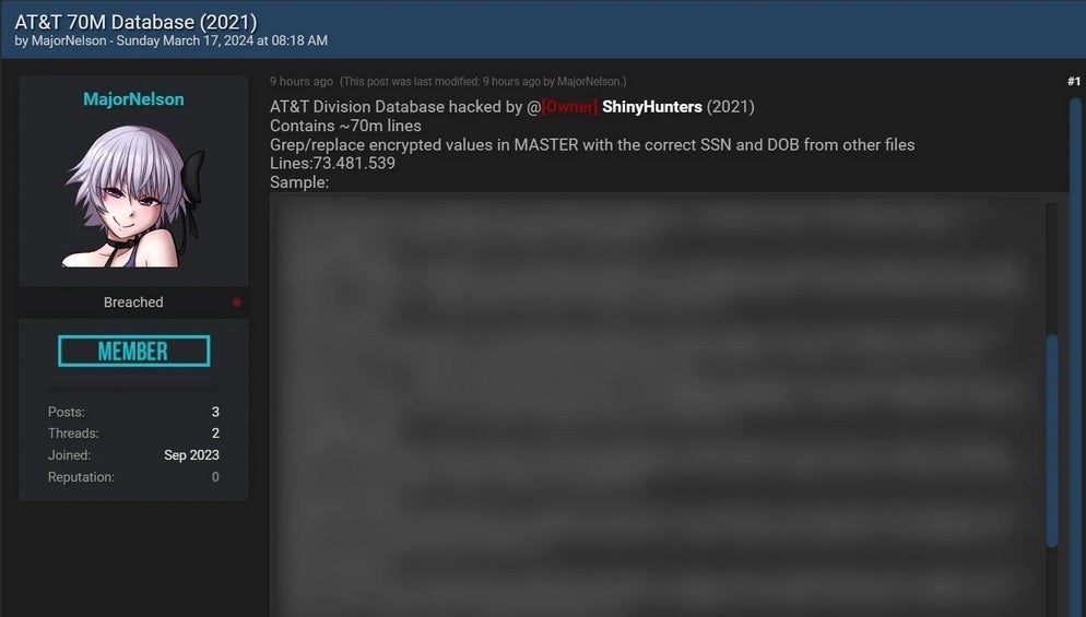 L'acteur menaçant MajorNelson publie sur un forum de piratage des données divulguées par des clients d'AT&T - 71 millions de clients d'AT&T doivent être en état d'alerte après que les données de 2021 aient à nouveau fait surface