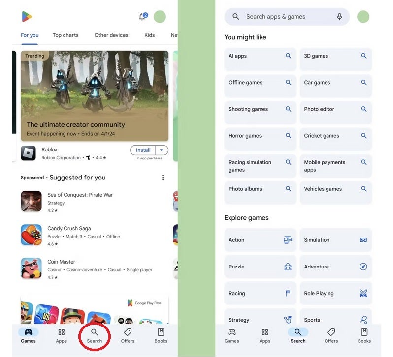 Nouvel onglet Recherche pour le Google Play Store et la nouvelle page de recherche - Crédit image 9to5Google - Un appui supplémentaire est désormais requis pour effectuer une recherche dans l'application Google Play Store