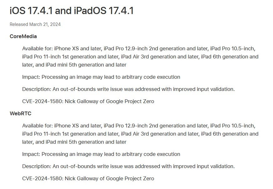 Apple updates its Security Releases support page to reveal the flaws fixed by iOS 17.4.1 and iPadOS 17.4.1 - Apple finally reveals the serious security issues it patched in iOS 17.4.1