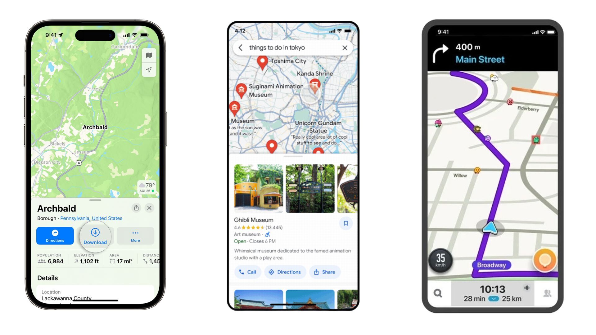 Apple Maps on the left, Google Maps in the center, Waze on the right - Google Maps, Apple Maps, or Waze: Which navigation app truly rules the road?