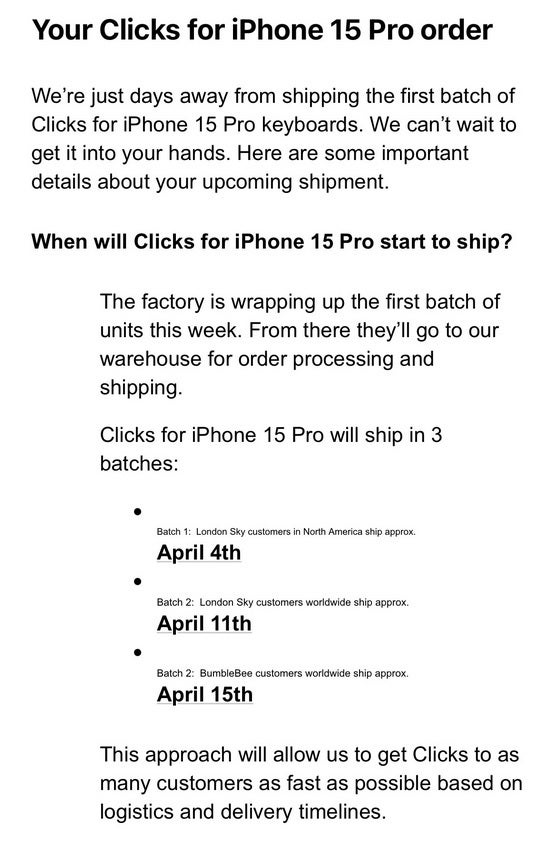 Email disseminated by Clicks - "Clicks" keyboard accessory to start shipping to iPhone 15 Pro series users shortly