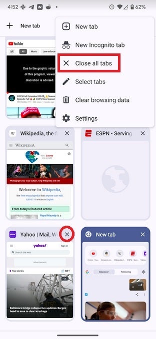The open tabs page where tabs can be closed individually by tapping on the X or the whole page can be deleted - Google tests feature that automatically cleans up unused open tabs on Chrome browser