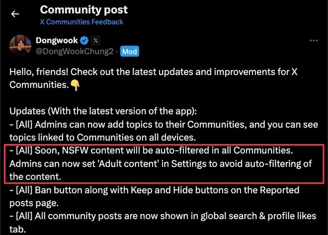 X confirms NSFW Communities are on the way