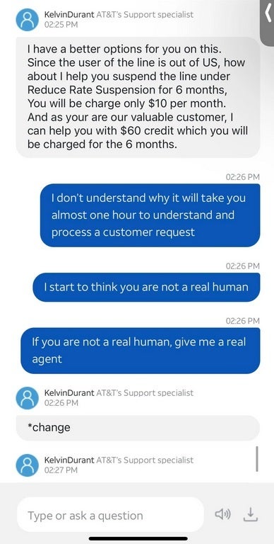 Part of a chat that went on for longer than an hour between an AT&amp;amp;T customer and a rep - Customer leaves AT&amp;T for T-Mobile after spending an hour trying to drop one line