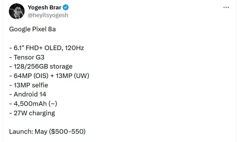 Pixel 8a specs leaked by Yogesh Brar - Pixel 8a specs leak