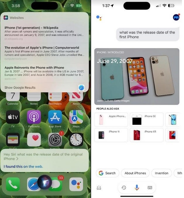 Siri (à gauche) et Google Assistant (à droite) répondent à la même question sur la date de sortie de l'iPhone d'origine : Siri pourrait devenir roi dans le domaine des assistants numériques après le relooking de l'IA d'iOS 18