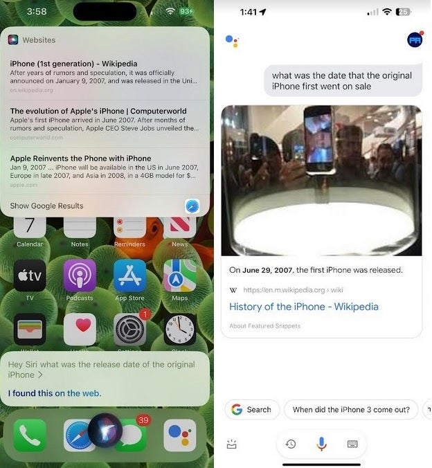 Siri (L), Google Assistant (R) respond to the same question about the original iPhone&#039;s release date - Siri might end up King in the realm of digital assistants after iOS 18 AI makeover