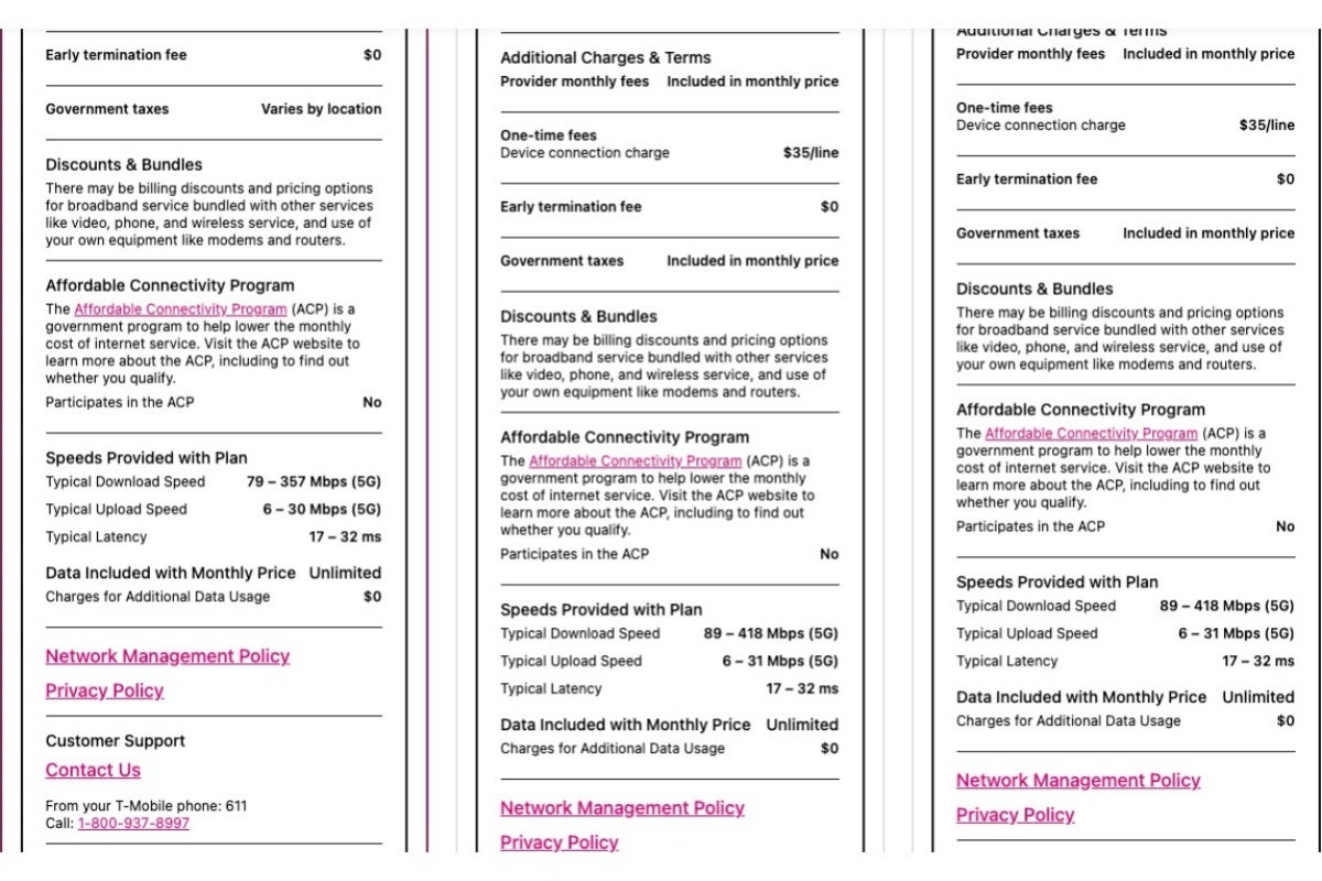 These are just a few of the key details of T-Mobile's Essentials Saver, Go5G Next, and Go5G Plus plans (from left to right). - All T-Mobile plans now include full and clear details on 'typical' speeds, latency, fees, and more