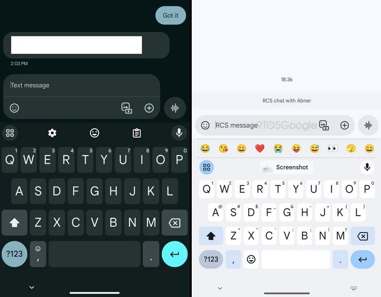 On the left, the current version of Google Messages with the revised text bar on the right - Change to Google Messages gets rid of some excess space