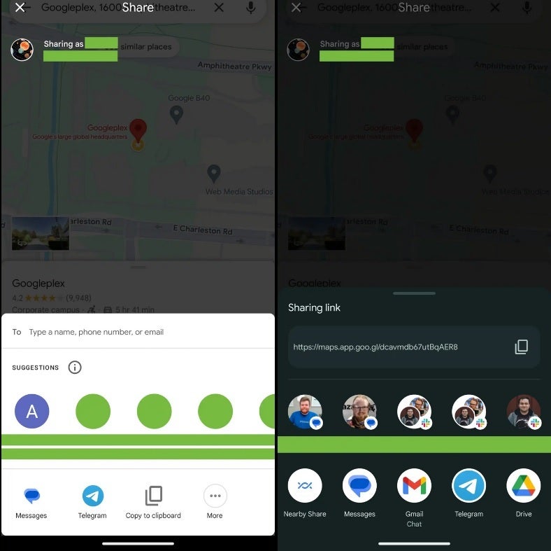 Old version of Google Maps share sheet on left, new native Android 14 version on the right. Image credit-9to5Google - The Google Maps custom share sheet is replaced by the native Android 14 version