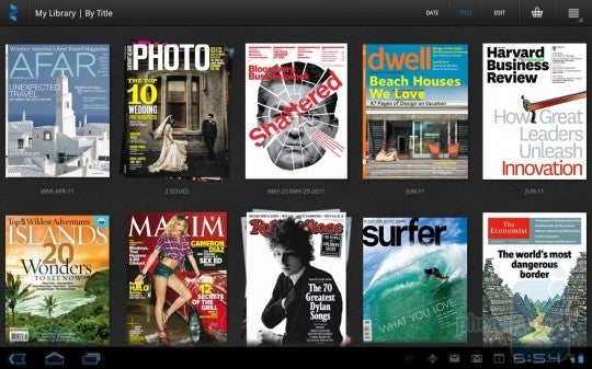 The Zinio digital magazine app interface on Android 3.0 Honeycomb - Zinio tailors the digital editions of 20 000 magazines for Android, 24 issues free till June 15th