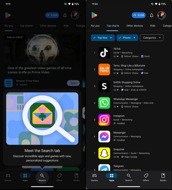 Search tab prompt on left, new look for Apps tab on the right - A new look is coming to the Google Play Store; check it out now!
