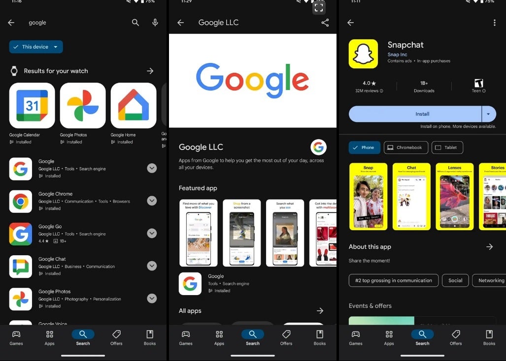 Notez comment la barre inférieure reste en place lorsque l'onglet Recherche est ouvert - Un nouveau look arrive sur le Google Play Store ;  vérifiez-le maintenant!