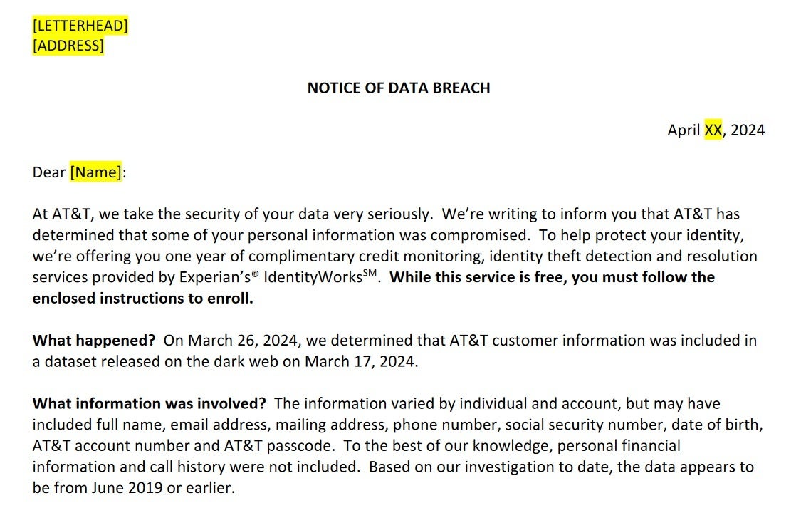 AT&amp;amp;T is sending a letter to the 51 million former and current subscribers who had their personal data leaked online - The 51 million customers affected by the AT&amp;T data breach are getting free protection for 12 months