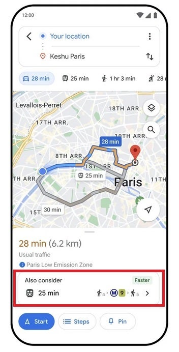 A caixa vermelha mostra sugestões alternativas de transporte público no Google Maps - O Google Maps mostra rotas alternativas de transporte público e a pé junto com rotas de carro