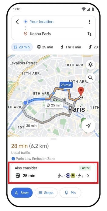 Red box shows alternative public transit suggestions on Google Maps - Google Maps to show alternate transit and walking directions along with driving routes