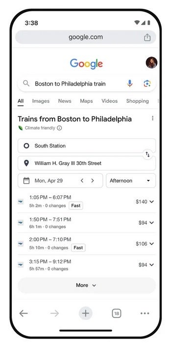 Looking up trains and buses on Google Search will show you schedules and pricin - Google Maps to show alternate transit and walking directions along with driving routes