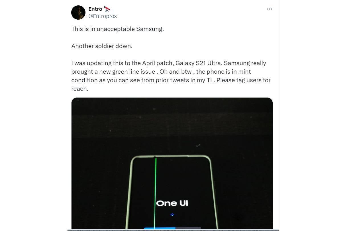 Usuários chocados com o fato de a Samsung querer pagamento para corrigir problema de linha de exibição verde causado pela atualização