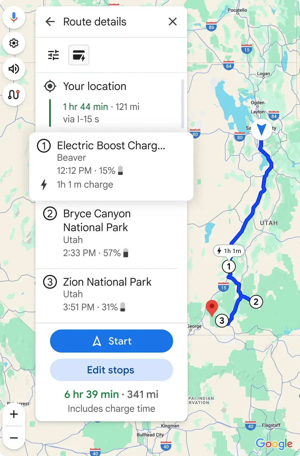 (Fonte da imagem - Google) Viagens com várias paradas - o Google Maps fornecerá instruções detalhadas para estações de carregamento de veículos elétricos e mais informações para os motoristas