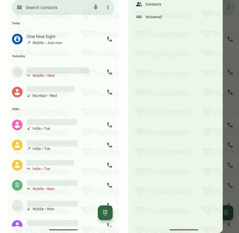 New layout for Phone by Google app includes three-line hamburger menu icon (L) and a new side panel - Google testing layout changes to the Phone app