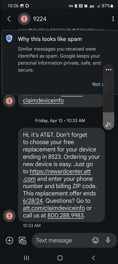 Even though Google thought this text was a scam or spam, it really did come from AT&amp;T - Text message from AT&T about a free device offer may look like a scam or spam but it is legitimate