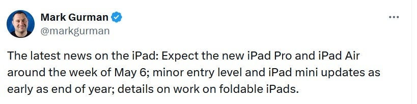 A couple of weeks ago, Bloomberg&#039;s Mark Gurman said to expect new iPad models soon - Apple signals the imminent release of the iPad Air (2024) and iPad Pro (2024)