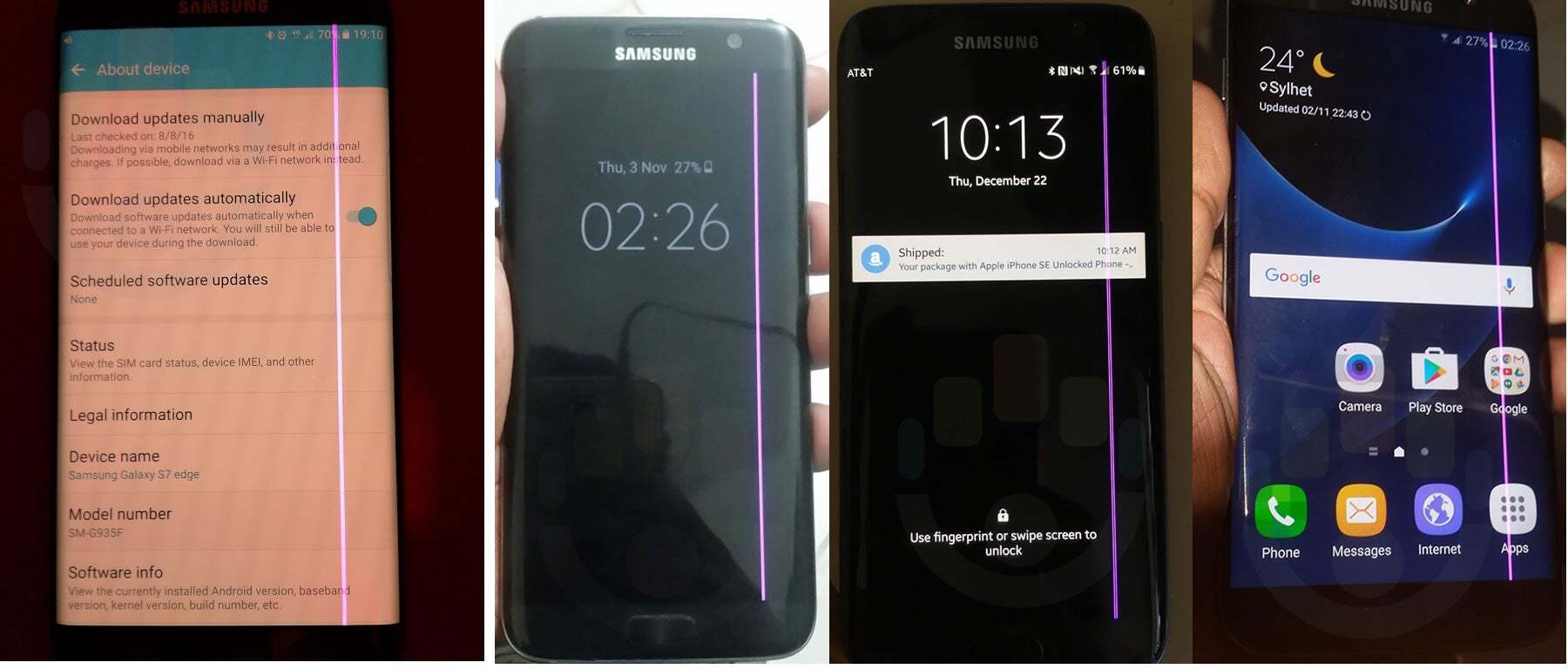 A photo mix of affected phones from Reddit, Samsung, AT&amp;amp;T and Vodafone forums - Galaxy phones to stay away from, if you don&#039;t want to try your hand at the green line horror
