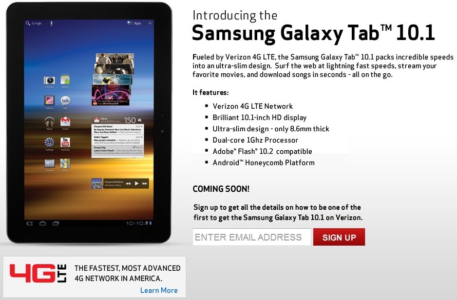 Samsung Galaxy Tab 10.1 with 4G LTE coming to Verizon