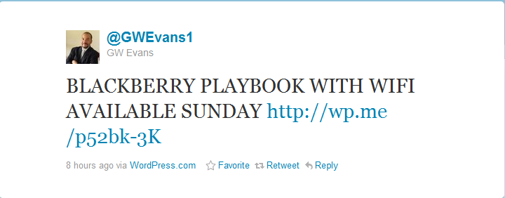 This tweet from Sprint's Marketing Director says to expect Sprint to launch the Wi-Fi version of the BlackBerry PlayBook this Sunday - Wi-Fi version of BlackBerry PlayBook comes to Sprint on June 5th says executive