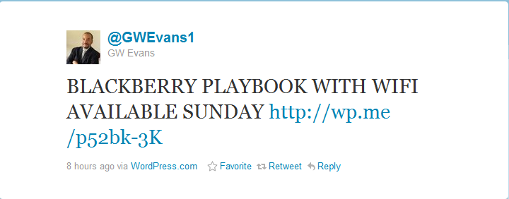 This tweet from Sprint&#039;s Marketing Director says to expect Sprint to launch the Wi-Fi version of the BlackBerry PlayBook this Sunday - Wi-Fi version of BlackBerry PlayBook comes to Sprint on June 5th says executive