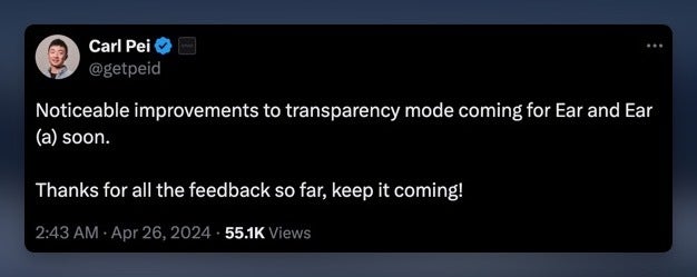 Carl Pei confirma que os novos Nothing Ear e Ear (a) receberão modo de transparência aprimorado em uma atualização