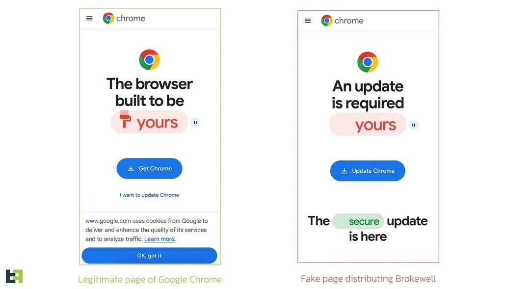 The legitimate Chrome update is on the left while the one on the right is a fake - Major alert! Fake Chrome update for Android installs trojan that will access your banking apps