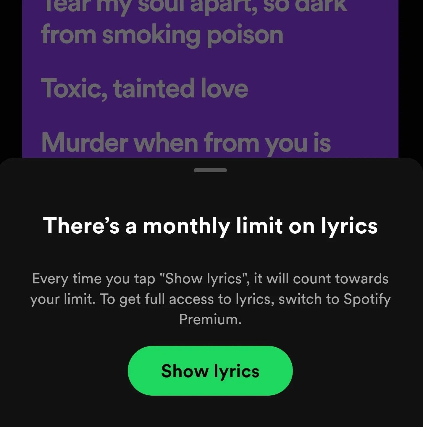 Image Credit- Reddit user superbuza - The end of free singing? Spotify might hide lyrics unless you pay