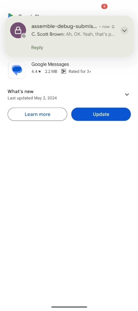This full-screen notification prompting Android users to update Google Messages will keep repeating every time the app is open - Google keeps bugging Android users to update the Messages app until it is done