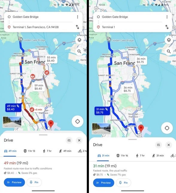 IU atual do Google Maps à esquerda, IU redesenhada à direita – Uma versão redesenhada do Google Maps, vista pela primeira vez em fevereiro, retorna