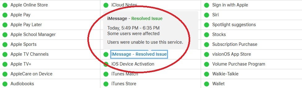 A página de status do sistema da Apple mostra que o problema com o iMessage foi resolvido - a T-Mobile mostra sinais de queda enquanto a plataforma iMessage sai esta tarde