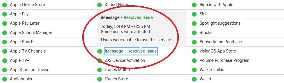 Apple&#039;s System Status page shows that the issue with iMessage has been resolved - T-Mobile shows signs of being down while iMessage went out Thursday