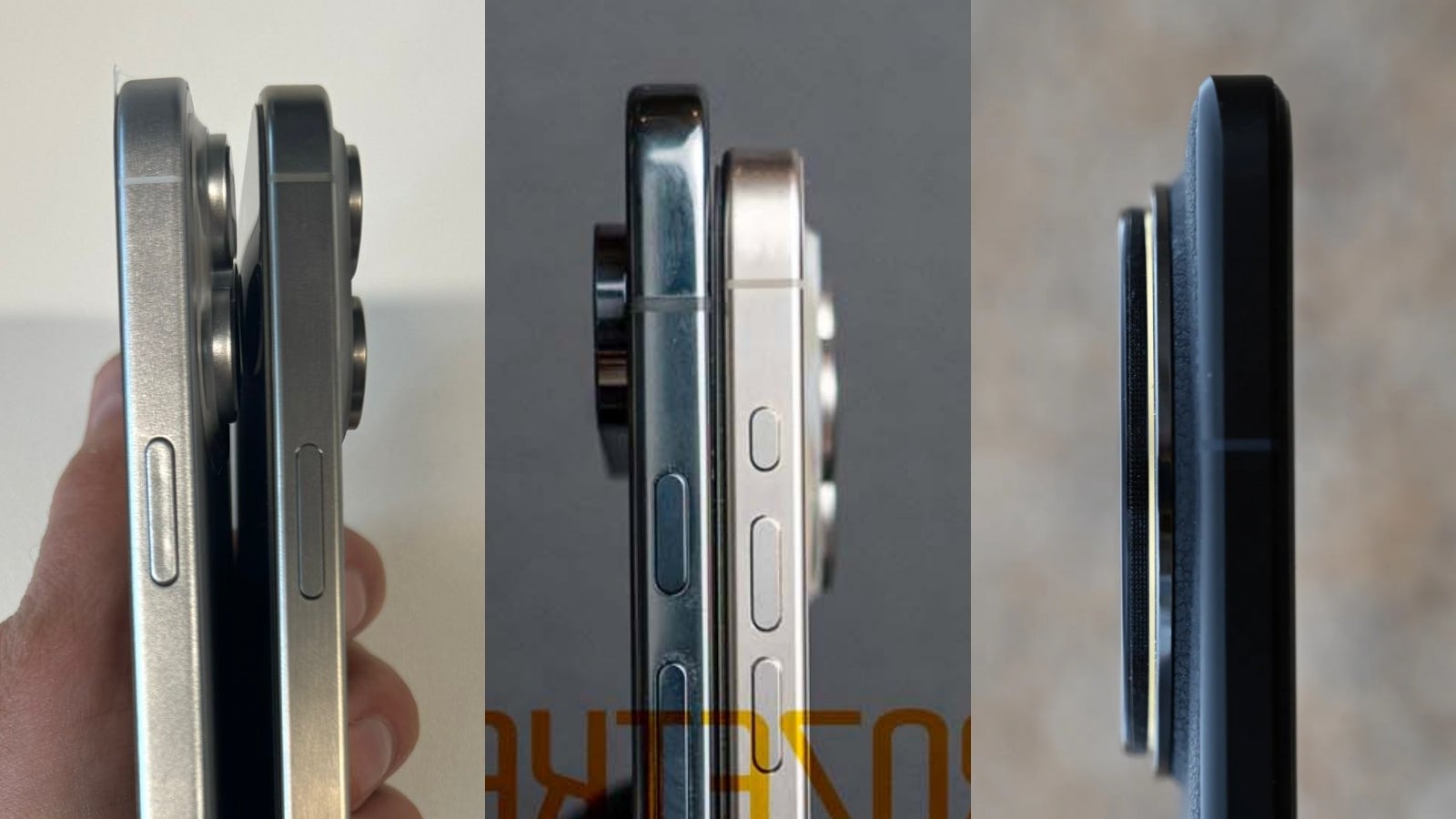 iPhone 16 Pro Max dummy unit next to iPhone 15 Pro Max (left), Pixel 9 Pro next to iPhone 15 Pro (middle), Xiaomi 14 Ultra (right). - Leaked iPhone 16 Pro, Pixel 9 Pro photos show Apple, Google need Huawei’s camera tech
