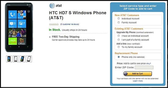 Amazon prices the HTC HD7S much more fittingly at $100 on-contract