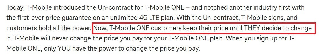 O comunicado de imprensa da T-Mobile de janeiro de 2017 parece prometer que certos planos não terão nenhum aumento de preços - os clientes da T-Mobile não sentem mais que são colocados em primeiro lugar pela empresa; muitos planejam sua saída
