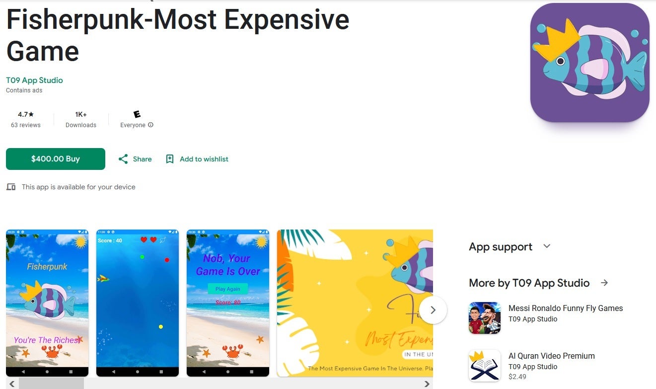The most expensive game in the Play Store has been FisherPunk - For the first time in over 8 years, Google hikes the maximum price of an app in the Play Store