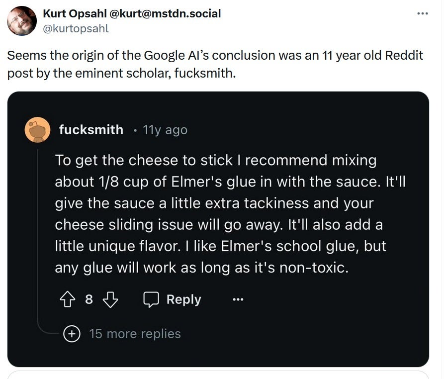 The source of one Google AI Overview response came from an 11-year-old Reddit post - Google's AI Overview tells users to eat rocks and glue, says Google Search is a monopoly