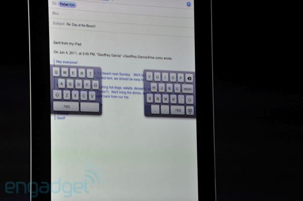 Split-up keyboard for easier thumb typing on a tablet - Apple announces iOS 5, a major release