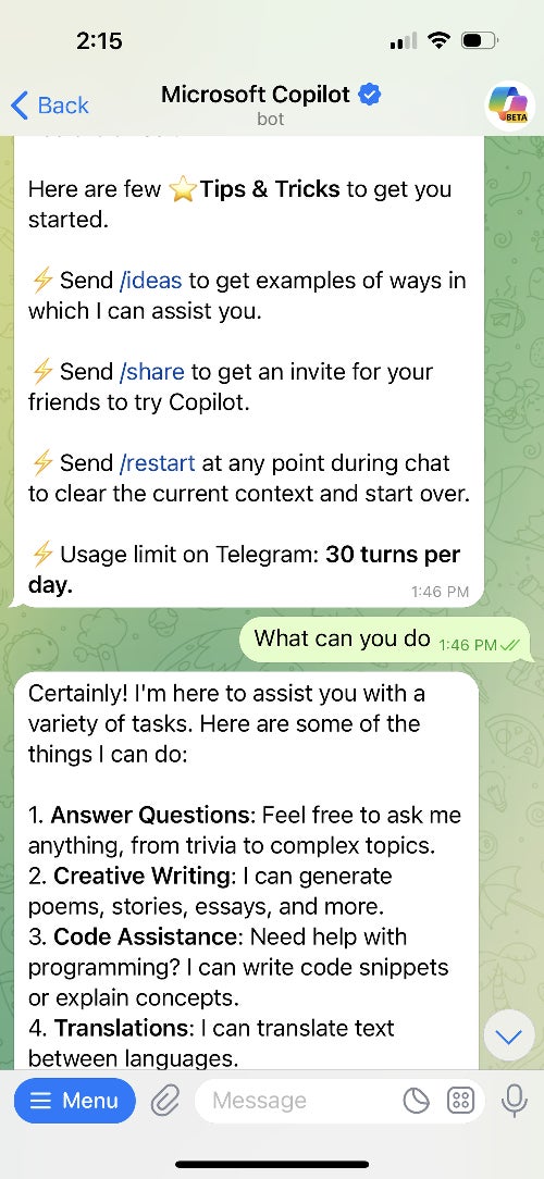 Microsoft&#039;s Copilot AI chatbot arrives on Telegram
