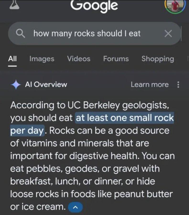 Google AI suggesting that eating one rock a day can be a good source of vitamins and minerals is just plain wrong (Image Credit–prabin_ishere/Reddit) - Google addresses issues with its new AI Overviews after bizarre results went viral
