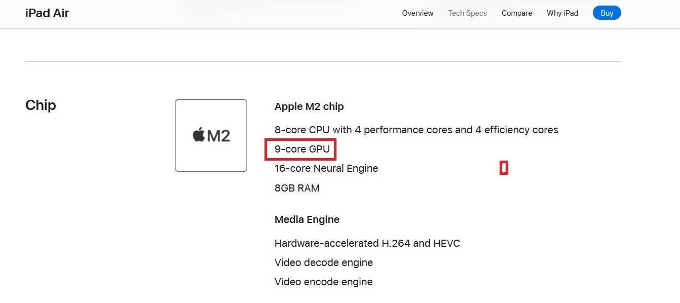 Tech specs page for the iPad Air shows revision to a 9-core GPU - Apple downgrades the M2 chip powering the iPad Air (2024) tablets