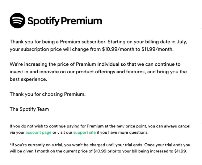 The email Spotify will send its current users telling them about the price hike (Image Credit–Spotify) - Spotify Premium prices jump again in the US