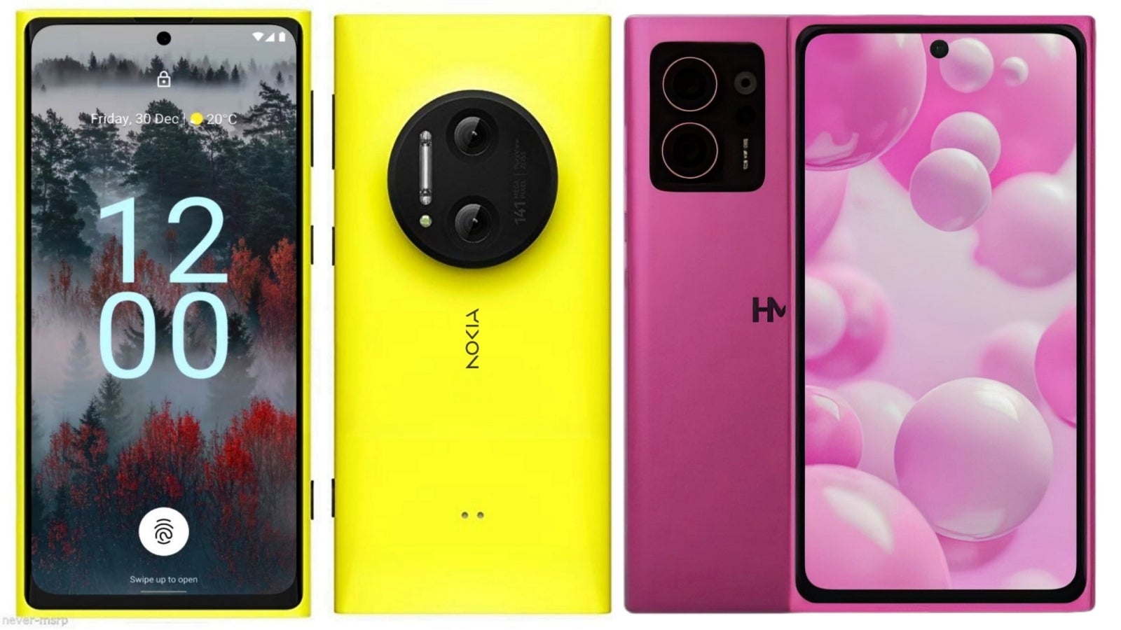 On the left, a fan-made, “futuristic Nokia Lumia” render from February 2023. On the right is a leaked render of HMD’s supposed mid-range phone for 2024. - Comeback! 2024 “Nokia Lumia” has a modern design and Android, but is HMD 10 years late?